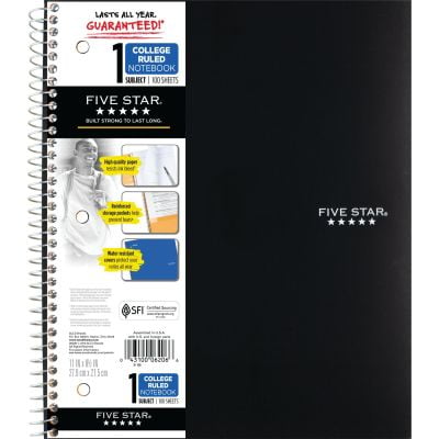 Five Star Spiral Notebooks, 1 Subject, College Ruled Paper, 100 Sheets, 11" x 8-1/2", Color Selected For You, 1 Count (06206)