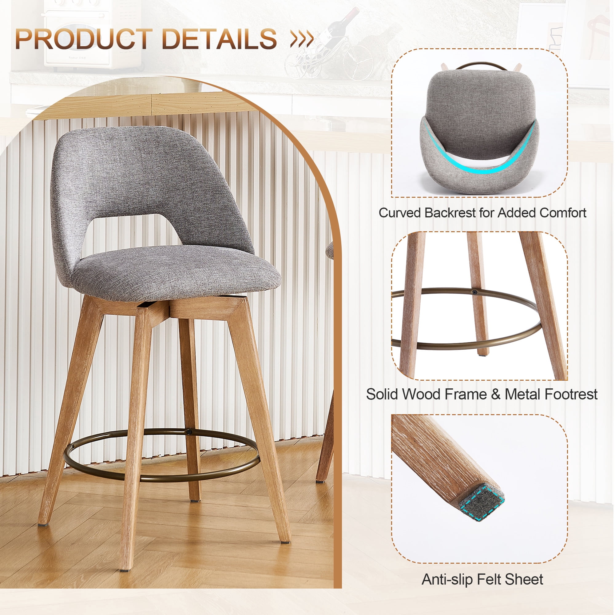 Zesthouse 26.8" Swivel Bar Stools Set of 2, Linen Upholstered Counter Height Stools with Open Back and Brushed Wooden Legs, Mid Century Barstools Kitchen Bar Chairs for 36"-39" Countertop, Gray