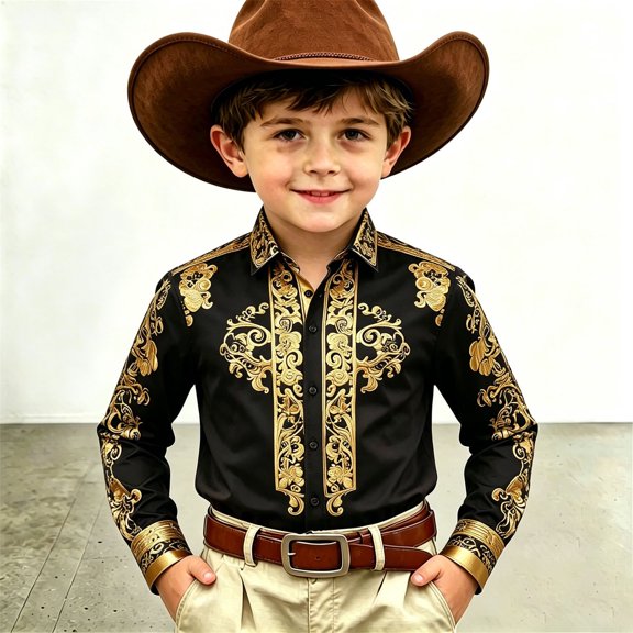 Shirts for Boys 3D Western Print Shirts Long Sleeve Collar Black Summer Breathable Lightweight Trendy Soft Shirts for Boys Size 4-5 Y