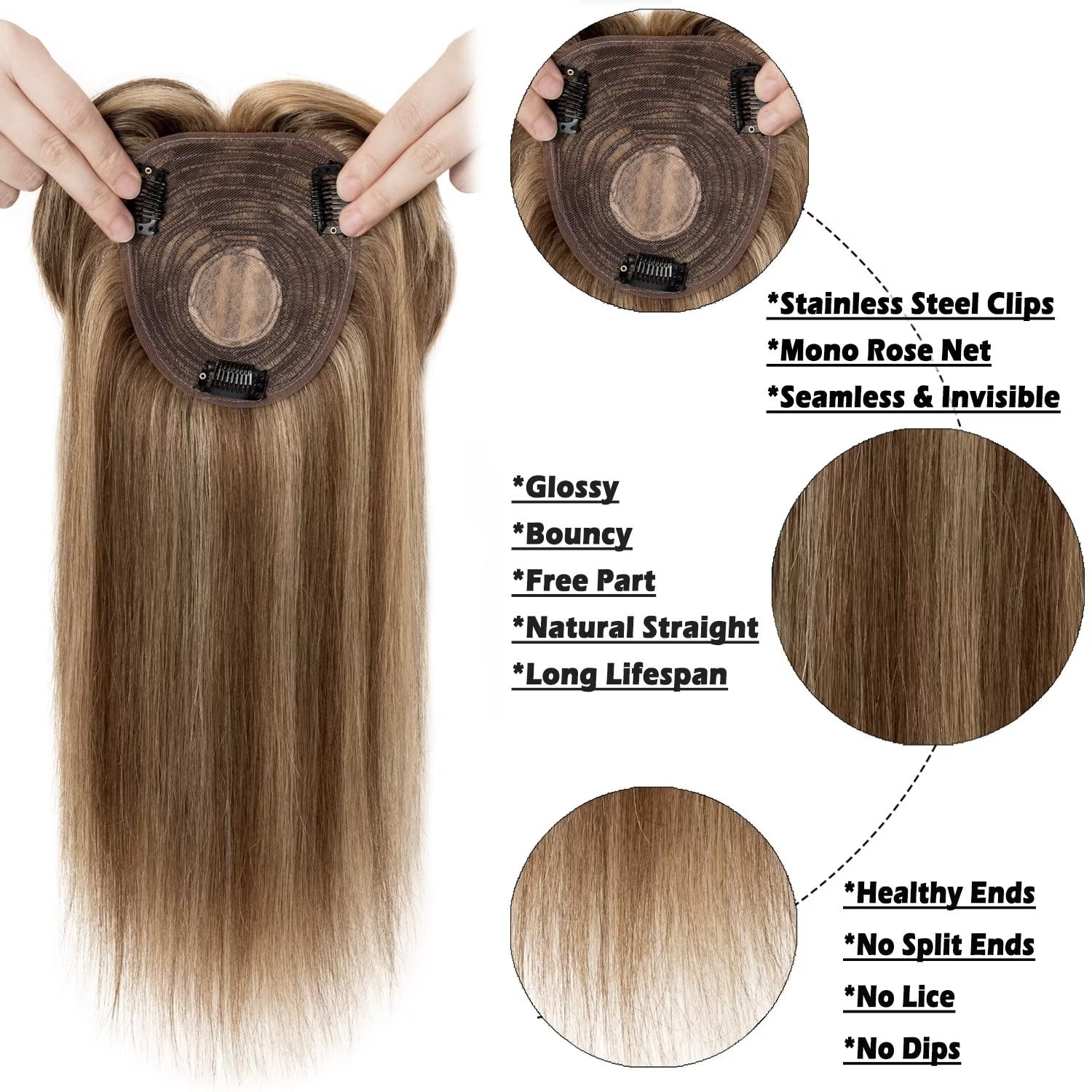 Benehair 100% Remy Human Hair Extensions Clip In Hairpiece Toupee Topper With Bang Mono Base for Women Highlight Blonde 150% 10*12cm