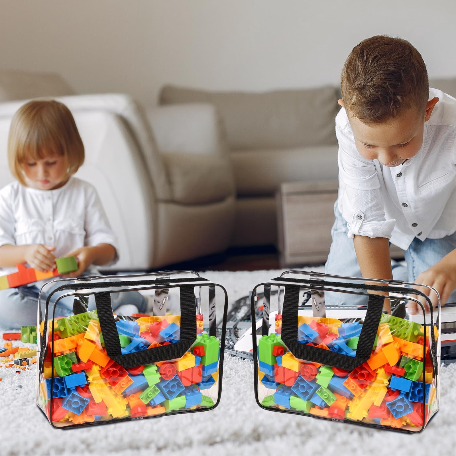 4 Pack Toy Storage Bags, Clear Zipper Bags for Organizing, Waterproof Toy Bags for Board Games, Building Blocks, Small Toys and Kids Books, Black