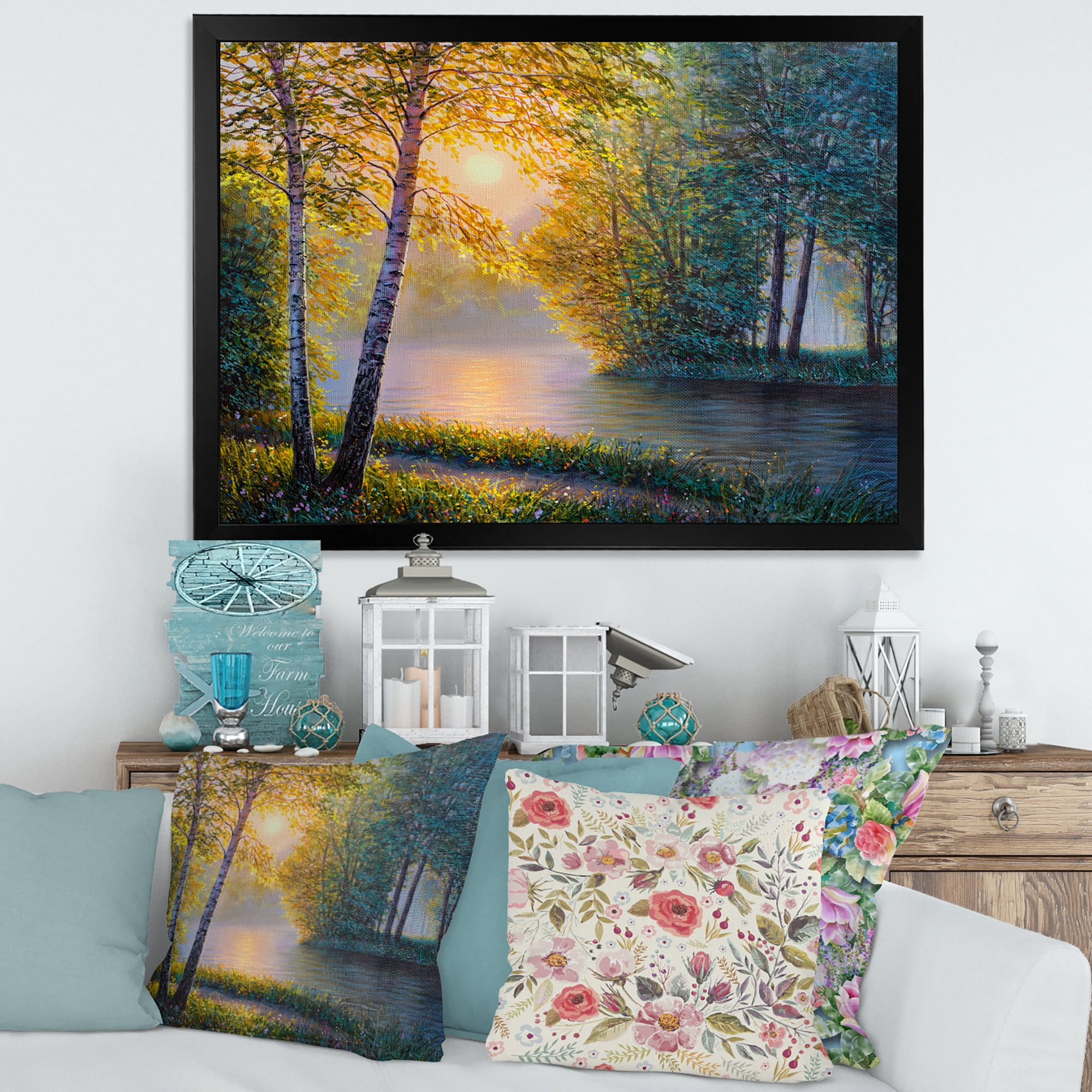 Free Shipping! Designart Sunrise Summer River Spring Forest 40x30