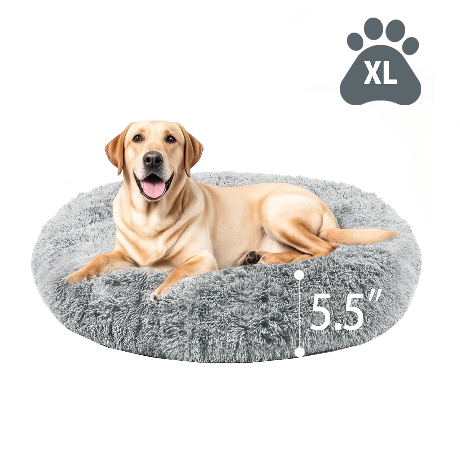 Katieovy Dog Bed for Large Dogs,Fluffy Calming Donut Dog Beds,35 inch Washable Plush Round Dog Mat with Non-Slip Bottom,Gray