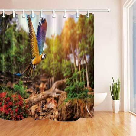 BPBOP Spring Forest Decor Parrot Flying in the Flowers with Tree Polyester Fabric Bath Curtain, Bathroom Shower Curtain 66x72