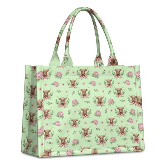 Large Capacity Tote Bag,Green Highland Cow Flower Pattern Handbag Fashion Luxury Tote Bag,15.7"x13"x 5.1" Inches,Laptop Compatible