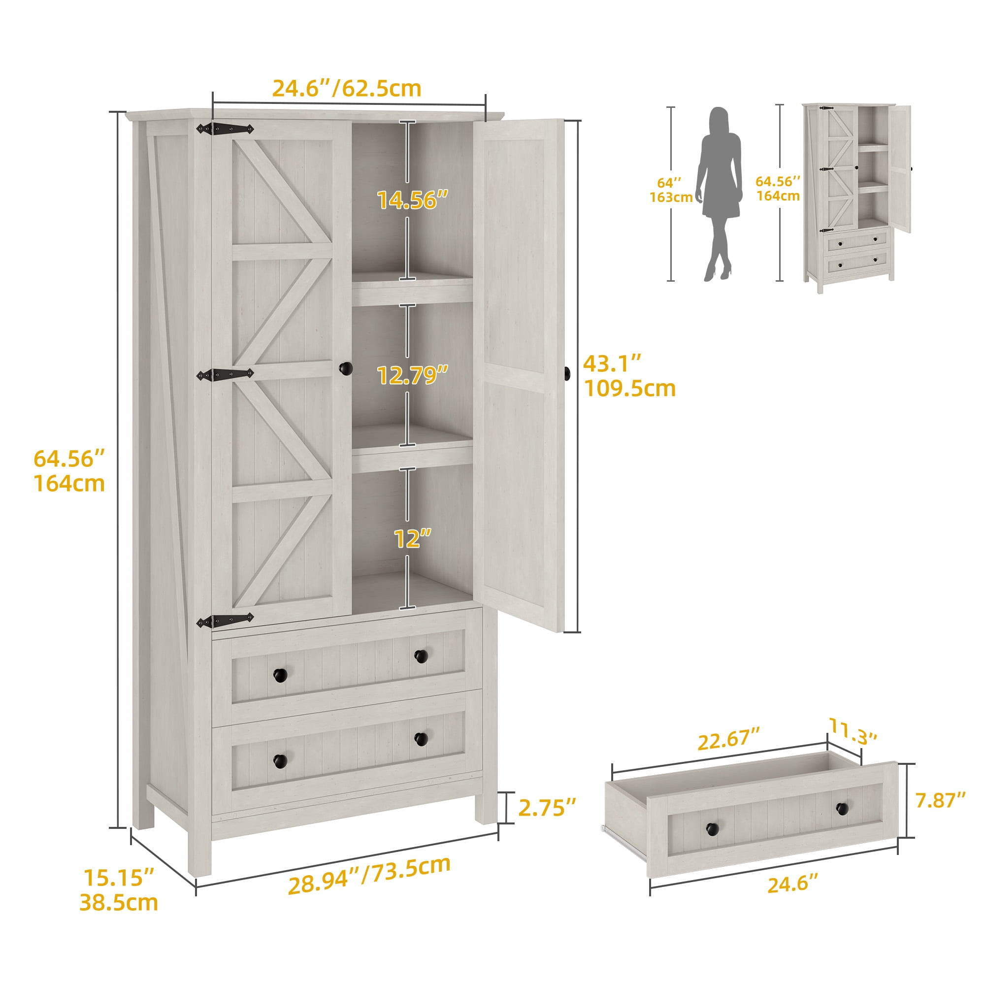 DWVO 64" Pantry Cabinet with drawers and Adjustable Shelves, Kitchen Storage Cabinet with Doors, White Oak