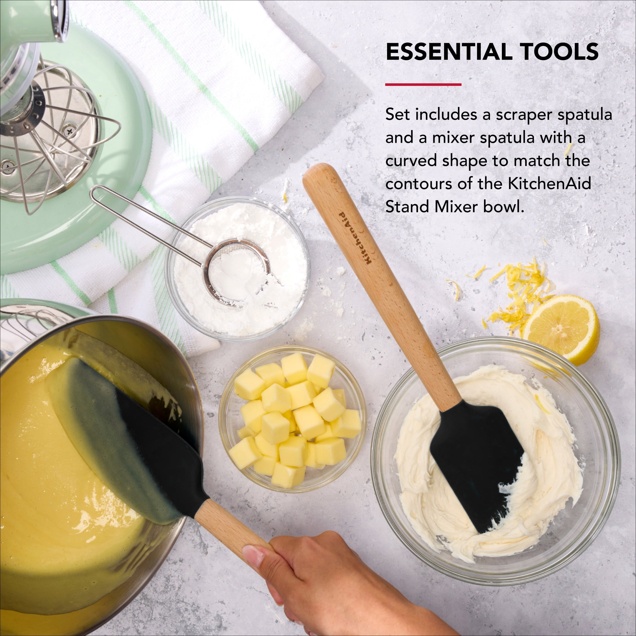 KitchenAid 2-Piece Silicone Mixing Spatula and Scraper Set for Cooking, Black