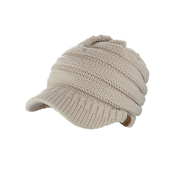 C.C Warm & Thick Cable Knitted Brim Visor Beanie Cap, Beige