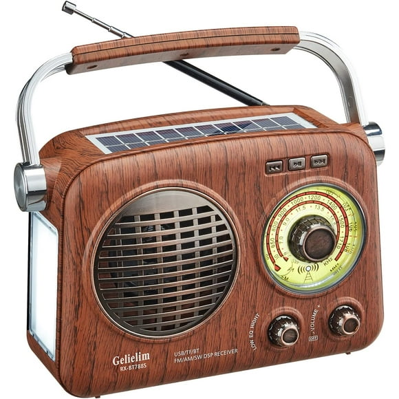 TRAHOO-Retro Radio Bluetooth Speaker with Crystal Clear Sound, Portable Radio AM FM Shortwave with Solar Panel and Flashlight, Vintage Radio with USB/TF Card Input (788)