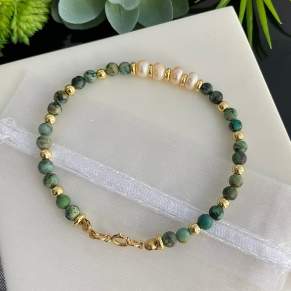Gold Filled 4mm Blue African Turquoise  Freshwater Pearl Beaded Bracelet