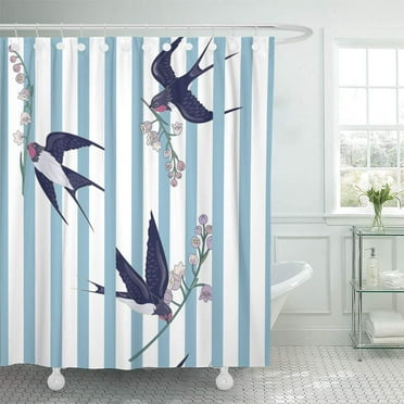 Libin Seamless Striped Pattern Birds and Flowers Swallows Lilies of Shower Curtain 60x72 inch