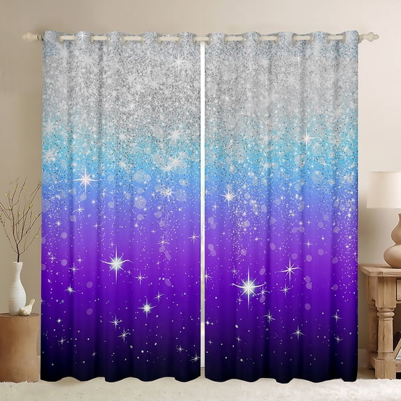 Feelyou Blue Purple Mystic Galaxy Black Out Curtains, Fashion Sequin Print Curtains Pack of 2 (42x63 Each), Bling Cartoon Stars Bedroom Curtains, Black Out Curtains Decor