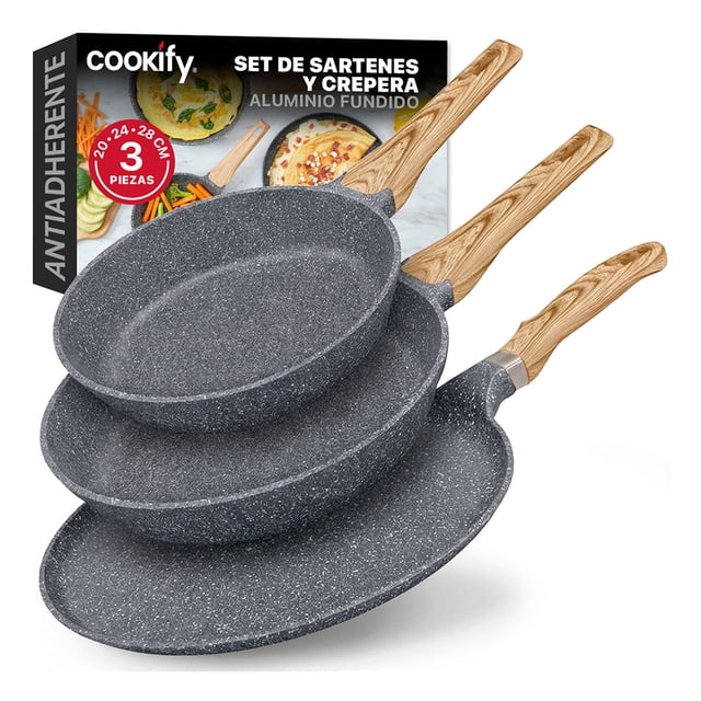 Set de 3 Piezas de Sartén Antiadherente de Mármol Cookify (Gris, 20 cm, 24 cm y Crepera 28 cm)