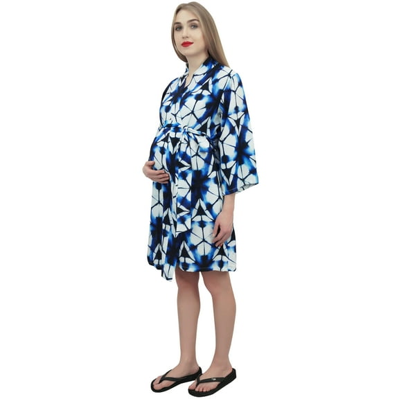 Bimba Moms Maternity Robe With Belt Shibori Printed Blue Nursing Coverup-14