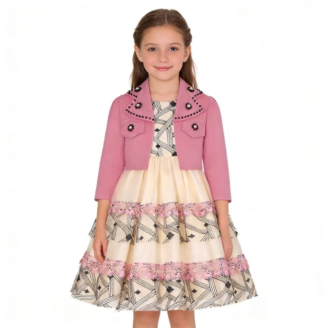 FYDUU Robes d'Été pour Filles Robe Formelle pour Filles Élégante Sans Manches Robe Soleil et Veste à Manches Longues pour Spectacle Tenue de Fête 11-12 Ans