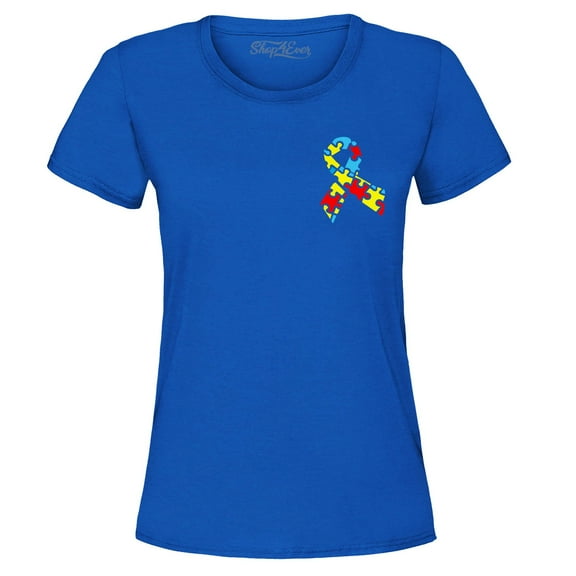 Shop4Ever Women's Autism Awareness Puzzle Ribbon Pocket Size Graphic T-Shirt Medium Royal Blue