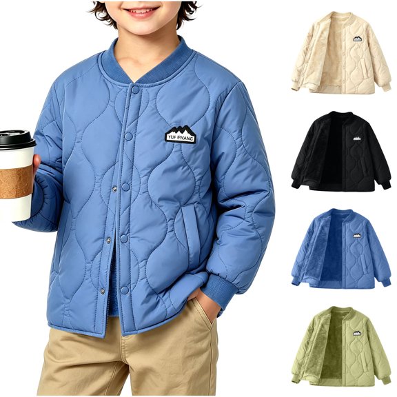 Spazoro Boys Quilted Bomber Jacket with Fleece Lined, Baseball Collar Long Sleeve Snap Closure Warm Winter Outerwear Coat Blue Size 9-10