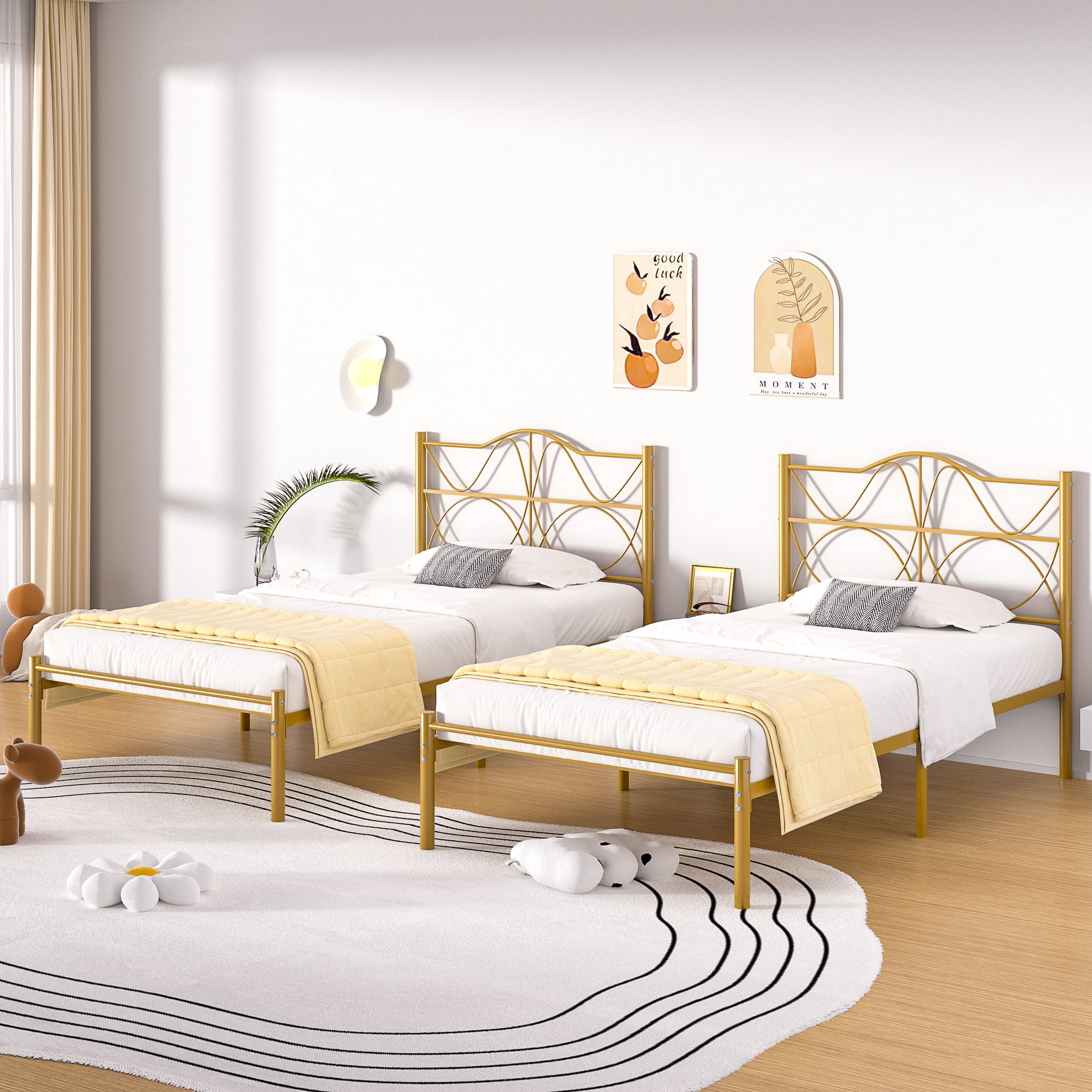 VECELO Twin Size Bed Frame with Headboard, Metal Platform Bed Frame, Strong Metal Slats Support, Mattress Foundation No Box Spring Needed, Gold