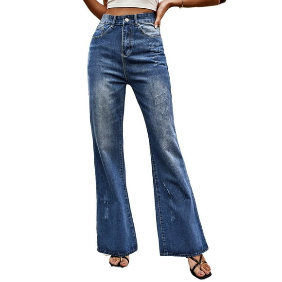 Qudderr Jeans à Jambe pour Femmes Taille Mi-Haute Pantalon en Denim à Jambe Grand Délavé Micro-Grand Pantalon Décontracté de Printemps Automne pour Femmes P-2TG