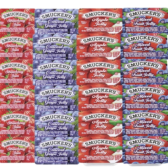 Smucker's 25-Pack Assorted Jelly & Jam Cups – Single-Serve Apple, Grape, Strawberry & Mixed Fruit – Individual Breakfast Spreads for Restaurants, Cafeterias, Travel & Home Use