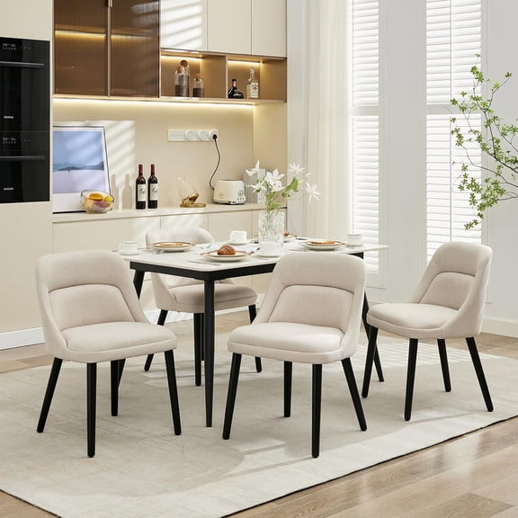 Dining Room Chairs Set of 4, Upholstered Linen Fabric Dining Chairs with Wood Legs, Modern Dining Chairs for Kitchen, Dining Room, Cafe, Living Room, Comfortable Sillas para Comedor(Beige)