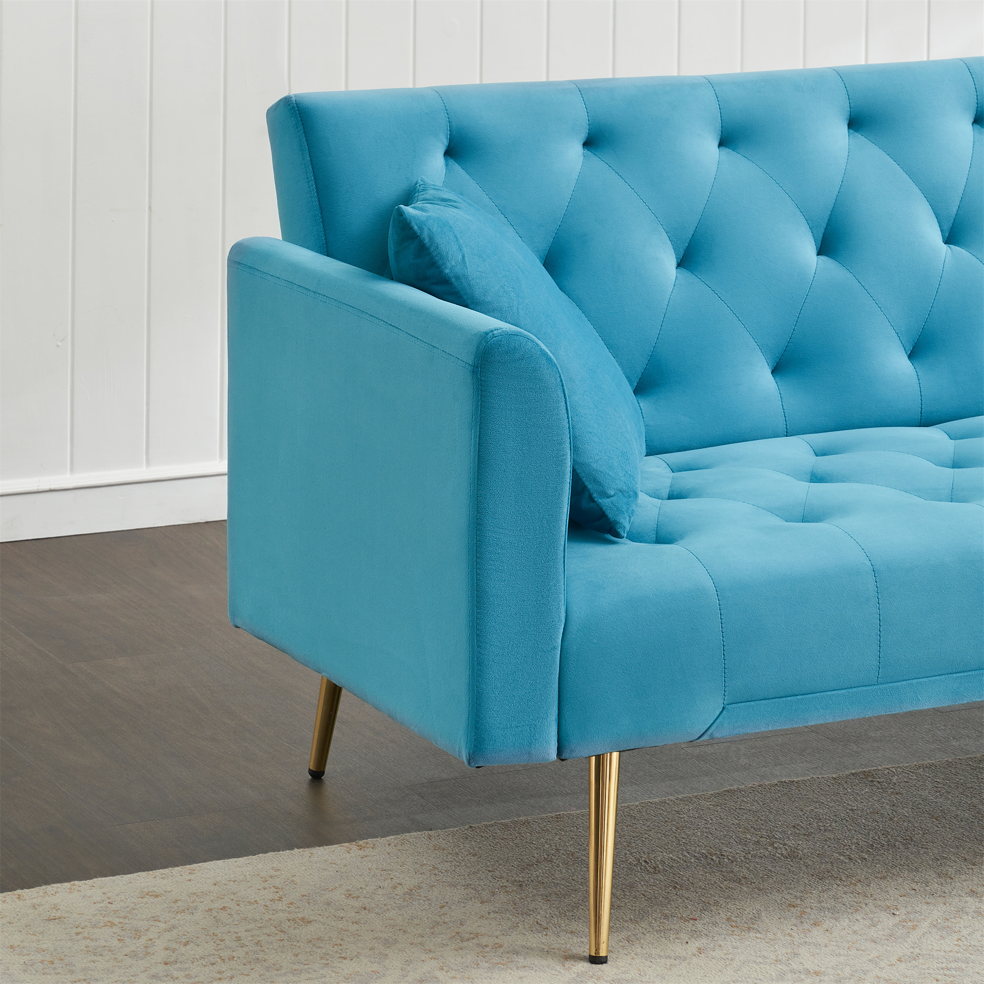 Aukfa Curved Arm Futon Convertible Sofa Bed for Home Office, 2 Pillows, Tufted Back, Velvet, Light Blue