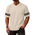thumbnail image 2 of Laqbezok Men's V-Neck Varsity Stripe T-Shirt, Casual Short Sleeve Athletic Tee, Lightweight Breathable Jersey Style Top with Double Sleeve Stripes, 2 of 6