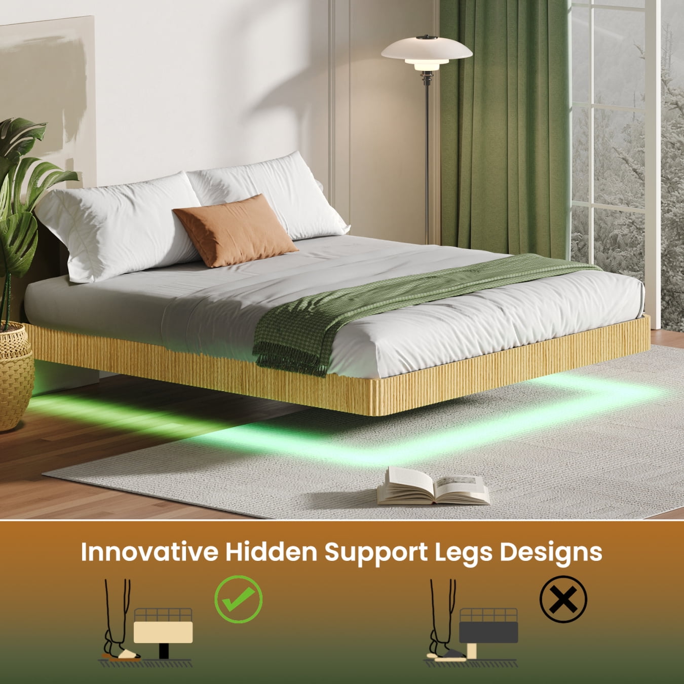 Floating LED Bed Frame King Size, Adjustable Color Lighting, Metal Platform with Under Bed Storage, No Box Spring Required, Tool-Free Assembly, Solid Oak Finish