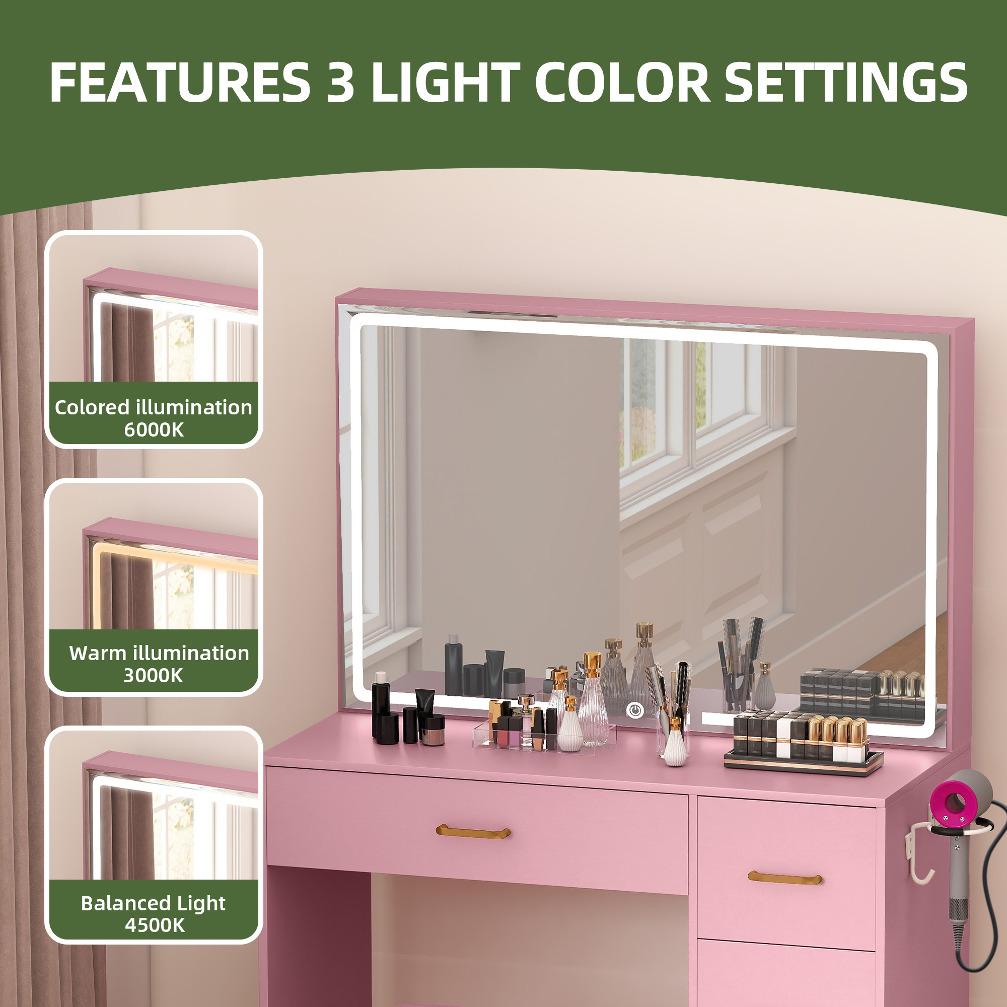Uforic 4 Drawers Makeup Desk with LED Mirror, Vanity Table with Power Strip, Stool, Pink