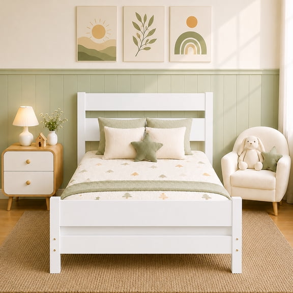 PAPROOS White Twin Bed Frame, Solid Wood Twin Platform Bed with Headboard and Footboard, Modern Twin Size Bed Frame with Slats Support, No Box Spring Needed