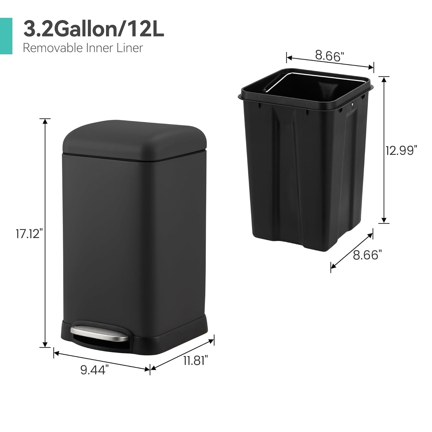 12Gallon Step Trash Can with Soft-Close Lid,Stainless Steel Garbage Bin with Removable Inner Bucket for Kitchen,Home,Office
