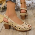 thumbnail image 4 of Women's Sandals Chunky Heel Gladiator Open Toe Casual Daily Solid Color Peep Toe Women Footwear Comfortable Walking Beach Sandals for Women Khaki 6.5, 4 of 8