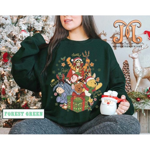Retro Winnie The Pooh Christmas Sweatshirt, Pooh Christmas Family Tees, Disney Christmas Party Trip 2025 Shirt, Disney World Christmas Shirt