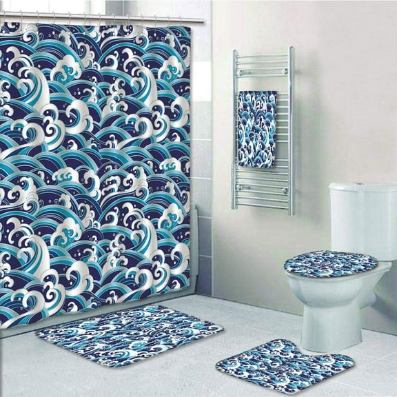 PRTAU Japanese Wave Traditional Eastern with Waves of Water Foam Splashes Navy 5 Piece Bathroom Set Shower Curtain Bath Towel Bath Rug Contour Mat and Toilet Lid Cover