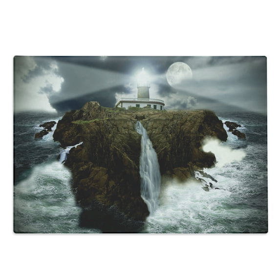Lighthouse Cutting Board, Island Rocks Stormy Sea Crashing Waves Full Moon Beams, Decorative Tempered Glass Cutting and Serving Board, Large Size, Grey White Brown, by Ambesonne