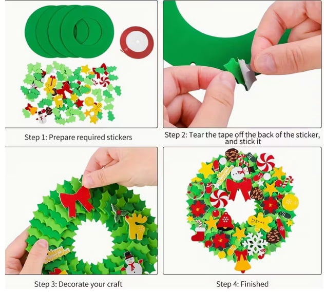5 Christmas Sticker Wreath Craft Kits, Cartoon Pattern EVA Self-Adhesive Wreath Sets, Perfect for Holiday Decorations