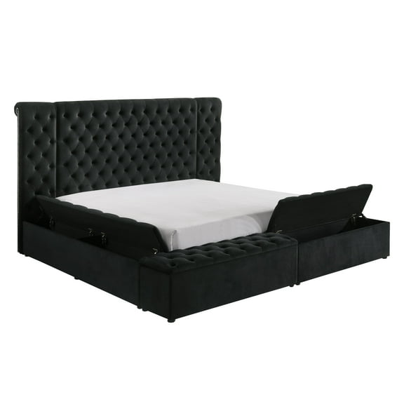 Newboti Furniture Luxurious 1pc Glam Tufted Headboard Upholstered Contemporary Queen Bed Multiple Storage Compartments Wooden Bedroom Furniture Black 96746