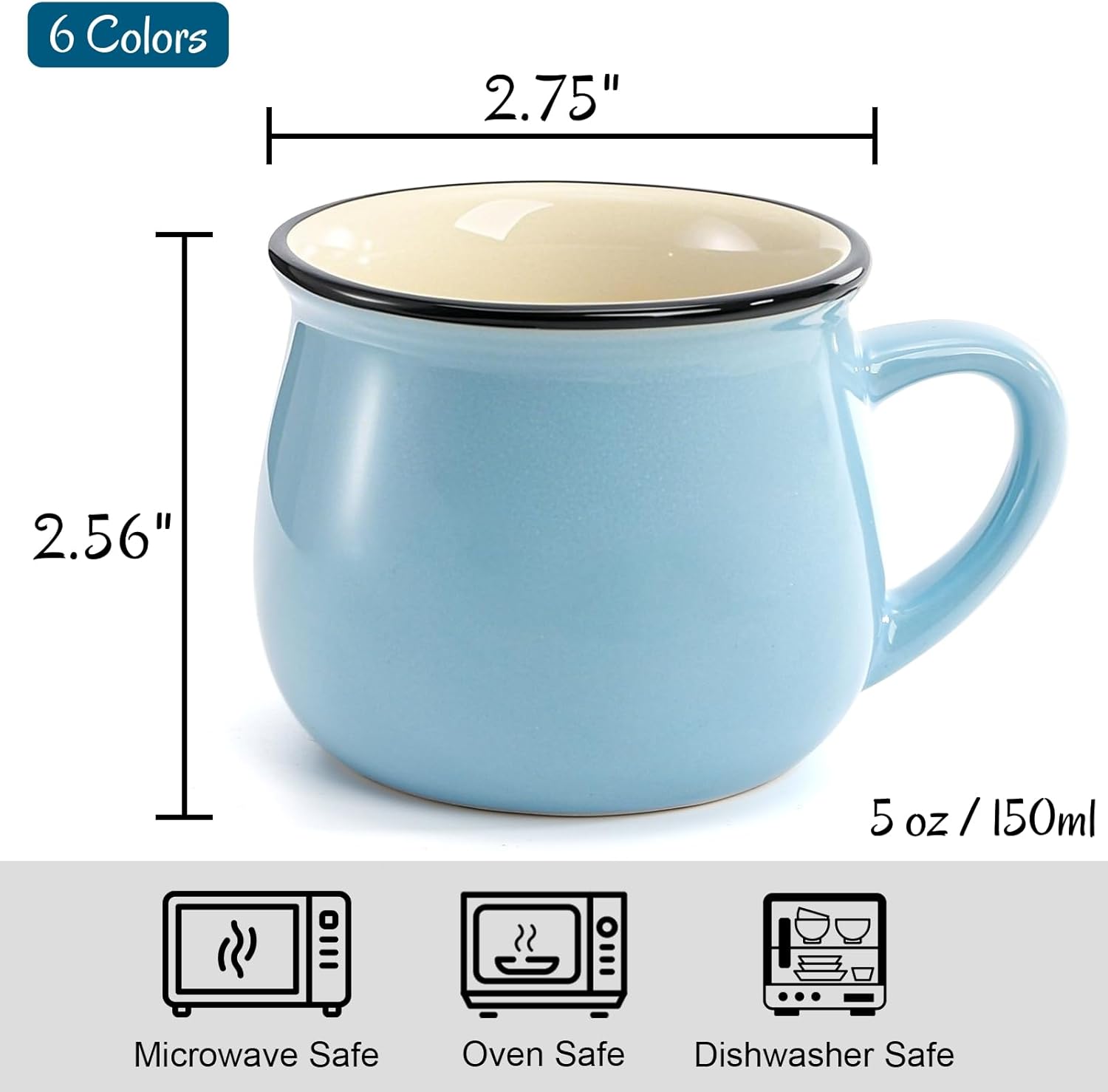 5 Oz 6 Pcs Cute Coffee Mugs, Mini Ceramic Espresso Cups, Small Demitasse Mugs with Handle for Home Kitchen Bar, Ideal Birthday Holiday Gift Microwave & Dishwasher Safe