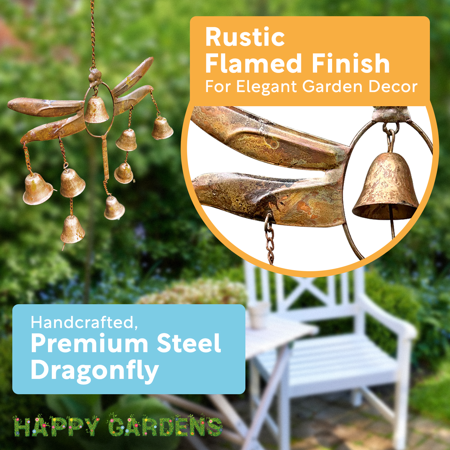 Happy Gardens Handcrafted Dragonfly Steel Wind Chimes with 8 Bells (Flamed Finish) Outdoor Metal Hook Hanging Decor for Outside Back Yard