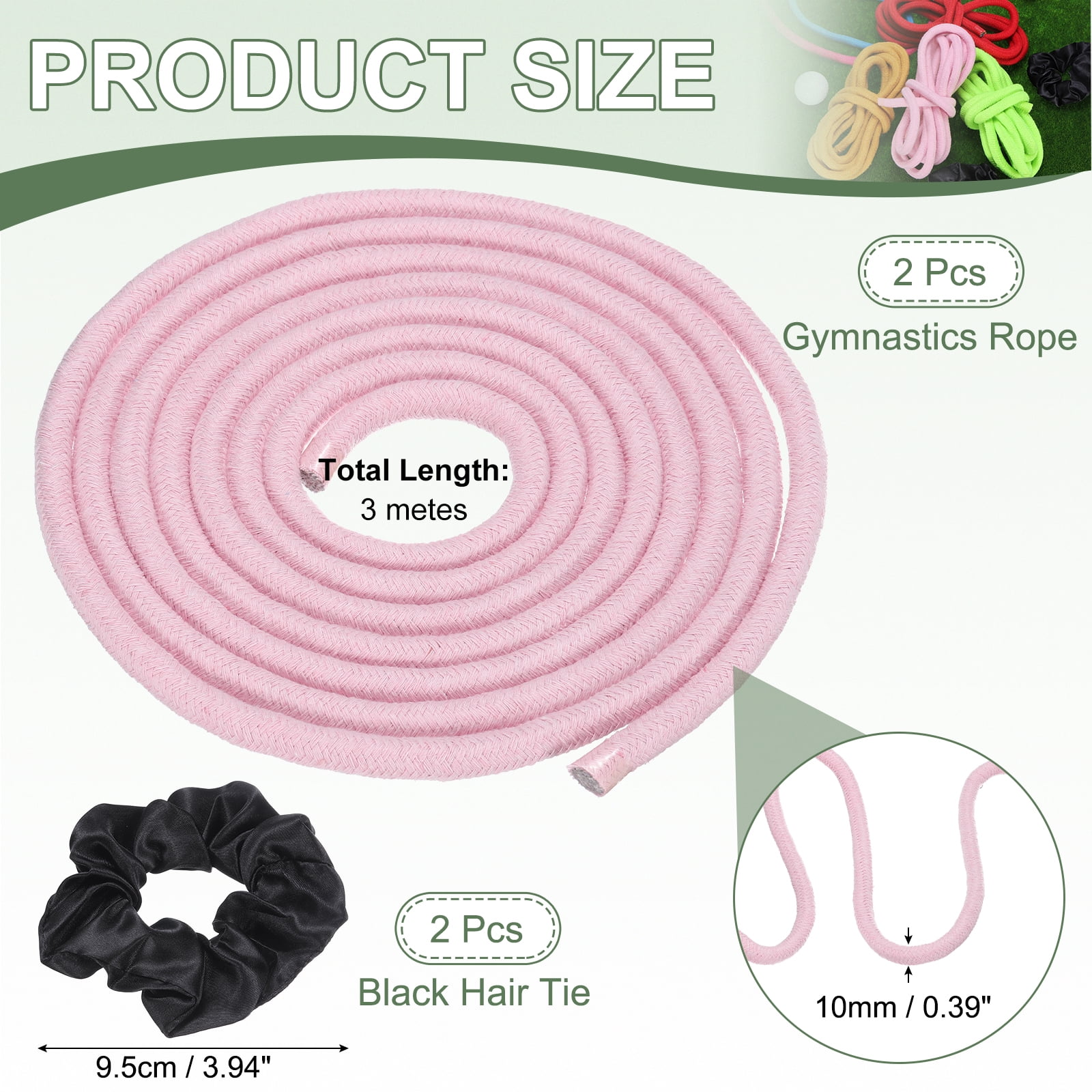 Gymnastics Rope, Exercise Fitness Aerobic Gymnastic Skipping, Rhythmic Gymnastics Arts Rope with Hair Tie 3 Meters& 2Pcs & Pink - Fit for (Fitness/Outdoor Activities/Yoga)
