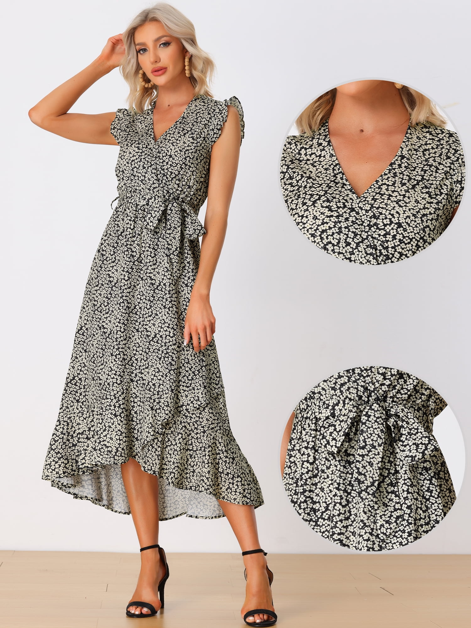DARING DIVA Wrap Belted Ruffles Floral Midi Sundress XS Black