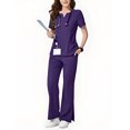 thumbnail image 2 of Womens Scrub Sets Stretch 2 Piece Uniforms Suit Nursing Fitted V Neck Top with Jogger Style Pants 2025 Purple S, 2 of 4