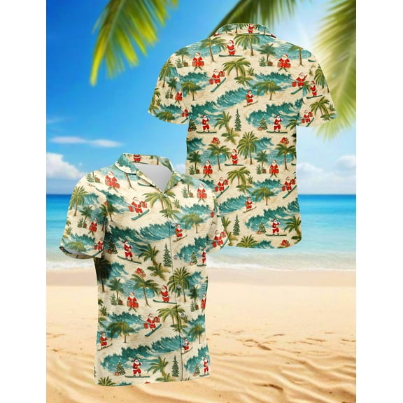 Funny Santa Surfing Hawaiian Shirt for Men, Tropical Style, Button Down Summer Beach Short Sleeve, S-5XL