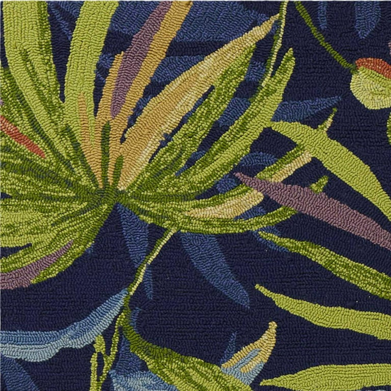8' Ink Blue Hand Hooked Uv Treated Oversized Tropical Leaves Round Indoor Outdoor Area Rug 8' Ink Blue Hand Hooked Uv Treated Oversized Tropical Leaves Round Indoor Outdoor Area Rug