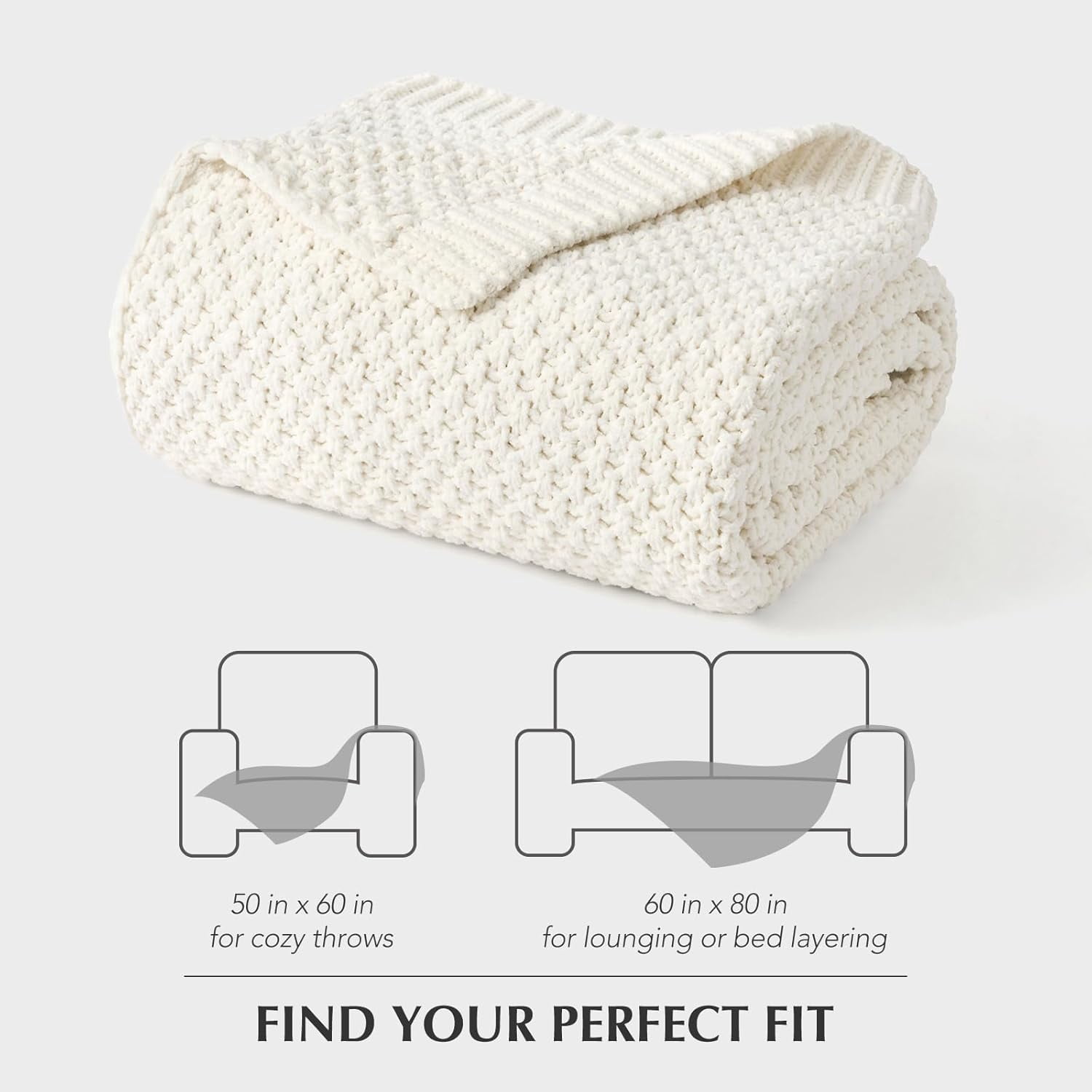 EVERGRACE Chunky Chenille Knit Throw Blanket for Couch, Soft Luxurious Moss Stitch Blankets for Bed, Cozy Decorative Farmhouse Knitted Throws for Sofa, Bright White, 60" x 80"