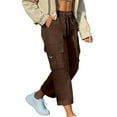 thumbnail image 5 of Jxximdong Capris Pants for Women, Daily Elastic Waist Pockets Straight Plain Casual Pants Loose Pockets Cargo 3/4 Length Trousers, Brown Women's Cropped Pants, 5 of 9