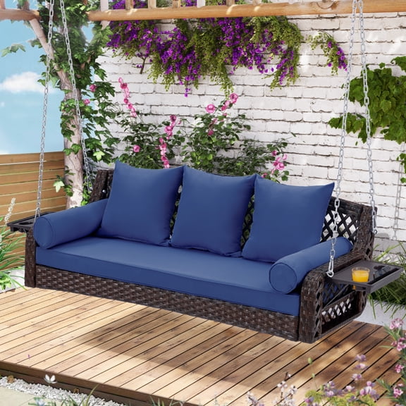 3 Seat Porch Swing, Wicker Patio Swing with Cup Holders & 3 Back Cushions, Yard Swing with Chains for Deck Garden Backyard,Brown Seagrass Rattan,Blue Cushion,56-inch