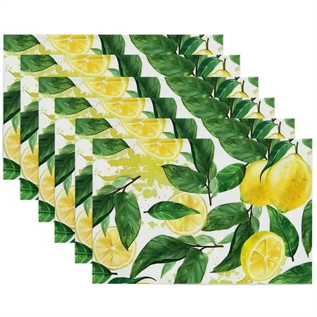 

KONEW Cotton linen Placemat Set of 6 Decorative Washable Place Mats Table Placemat Dining Kitchen Parties & Camping Lemon 5