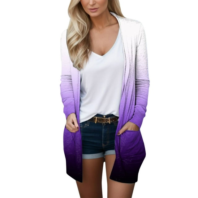 GPOECD Cardigan Mode pour Femmes Imprimé Dégradé avec Poches Manches Longues Veste Cardigan Violet,m
