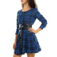 thumbnail image 5 of MODA NOVA Junior's Christmas Party Plaids Long Sleeves Belted Mini A Line Shirt Dress Dark Blue L, 5 of 5